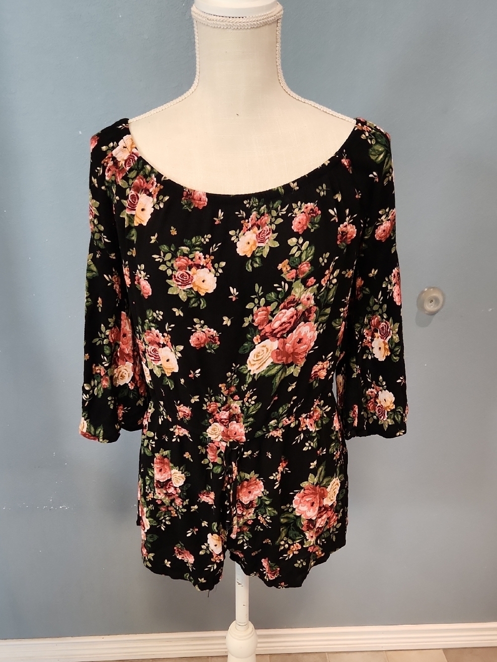 Ambiance Moody Floral Gauze Style Flowy Whimsigoth Romper Ruched Tie Waist Rose